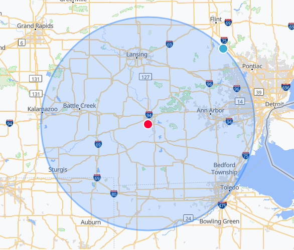 Map of south-central Michigan with a 60-mile service radius drawn around Jackson